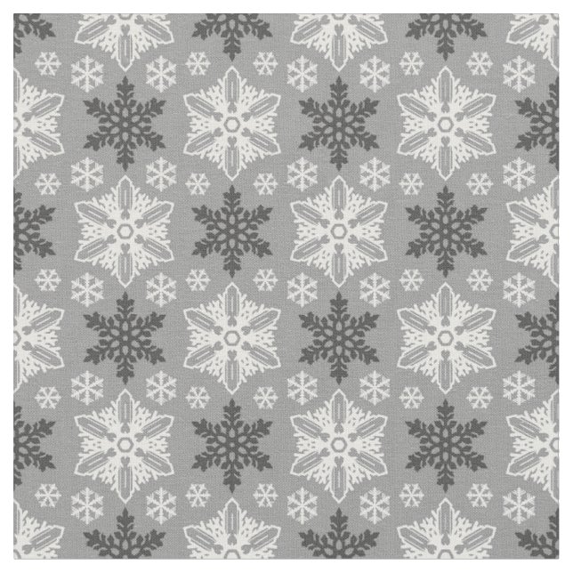 Bright Gray Black Winter White Snowflake Pattern Fabric (Close Up)
