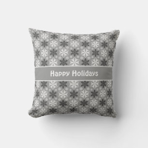 Bright Gray Black Winter White Snowflake Pattern Throw Pillow