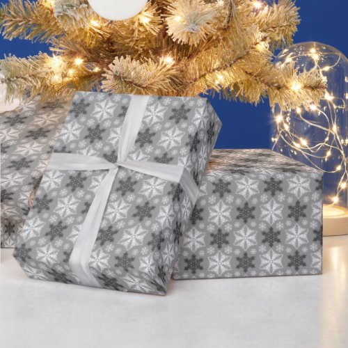 Bright Gray Black Winter White Snowflake Pattern Wrapping Paper