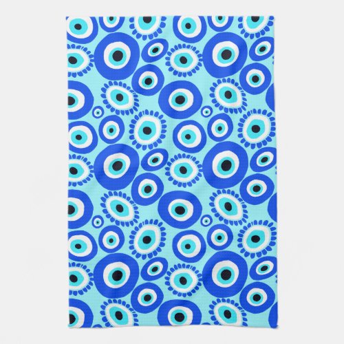 Bright Greek Eye Pattern on Aqua Blue Kitchen Towel