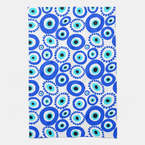 Bright Greek Eye Pattern on White Kitchen Towel