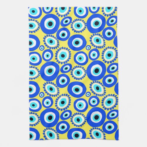 Bright Greek Eye Pattern on Yellow Kitchen Towel