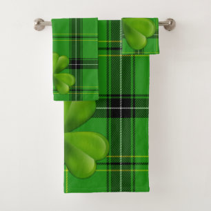 Bright Green 3-leaf Clover on Plaid Tartan Bath Towel Set