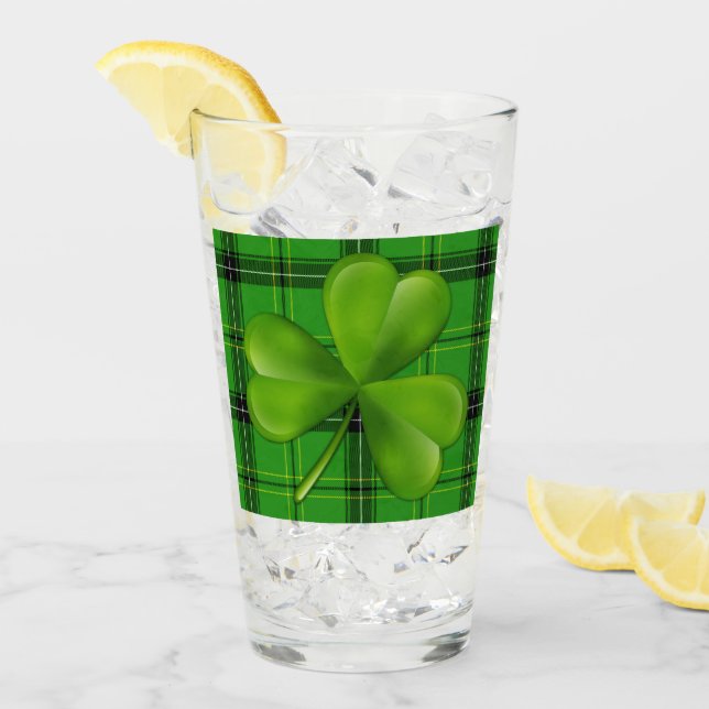 Bright Green 3-leaf Clover on Plaid Tartan Glass (Front Ice)