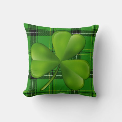 Bright Green 3_leaf Clover on Plaid Tartan Throw Pillow