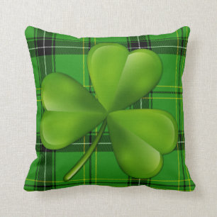 Bright Green 3-leaf Clover on Plaid Tartan Throw Pillow