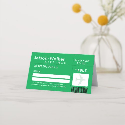 Bright Green Airline Ticket Guest Wedding Seating Place Card