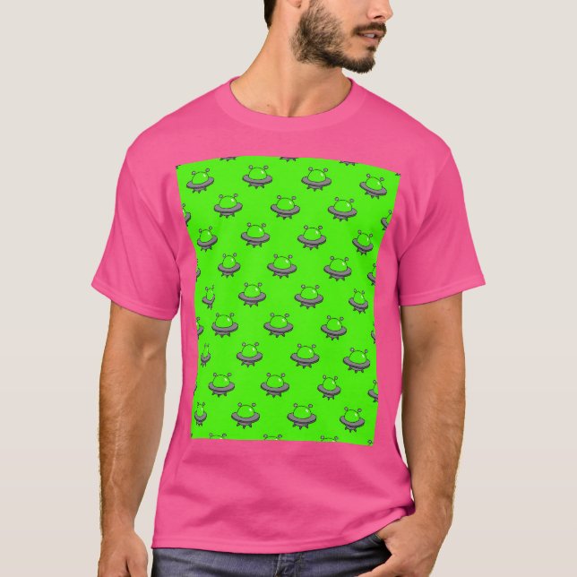 Bright Green Alien Ufo Pattern T-Shirt (Front)