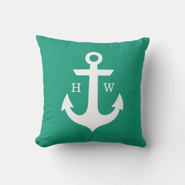 Bright Green Anchor Monogram Throw Pillow (Front)