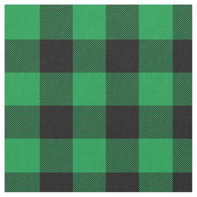 Bright Green and Black Chevron Buffalo Plaid Fabric (Close Up)