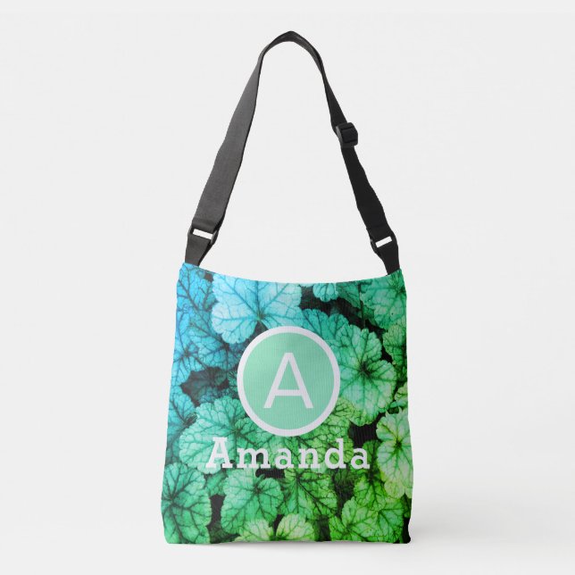 Bright green and blue foliage crossbody bag (Front)