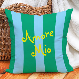 Bright Green and Blue Stripes Amore Mio Throw Pillow