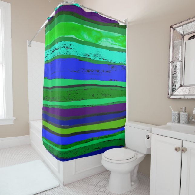 bright green and blue stripes shower curtain (In Situ)