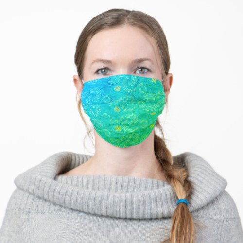 Bright Green and Blue Van Gogh Style Sun and Sky Adult Cloth Face Mask