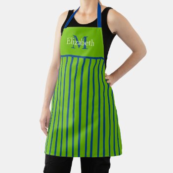 Bright Green And Navy Blue Stripe Monogram Apron by jozanehouse at Zazzle