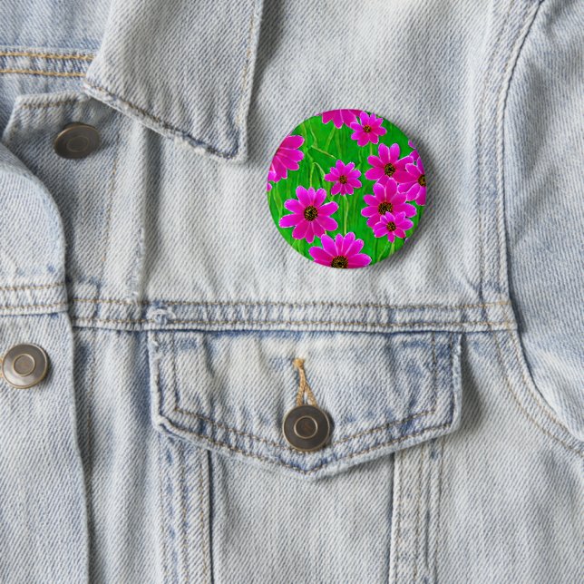 Bright Green and Pink Flower Pattern  Button (In Situ)