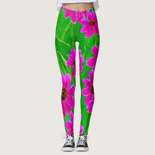 Bright Green and Pink Flower Pattern Leggings