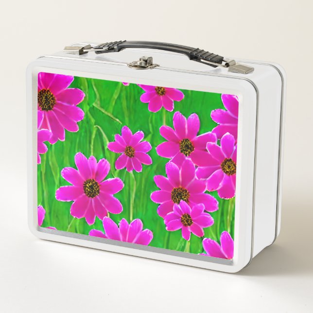 Bright Green and Pink Flower Pattern  Metal Lunch Box (Front)