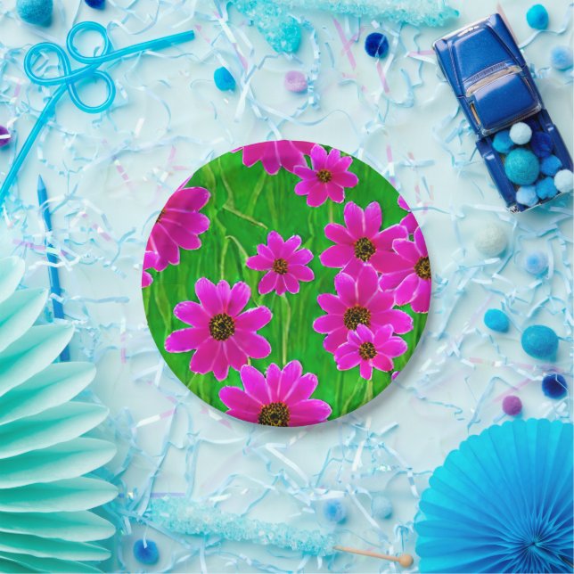 Bright Green and Pink Flower Pattern  Paper Plates (Party)