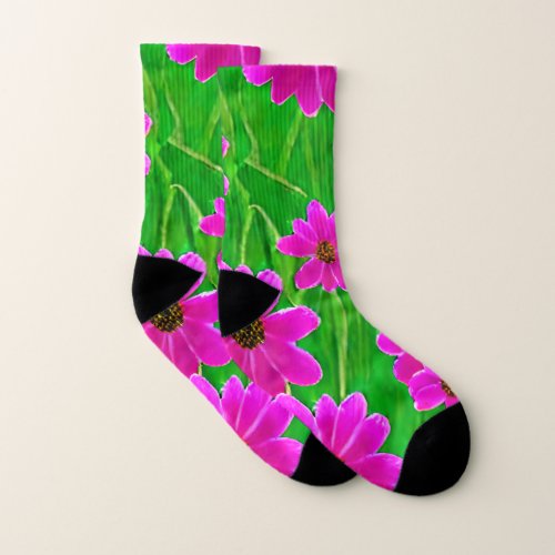 Bright Green and Pink Flower Pattern  Socks