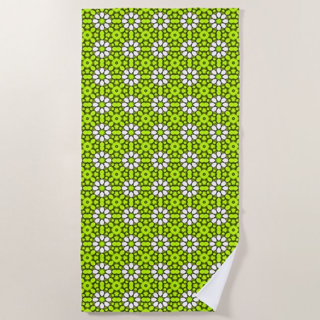 Bright green and white floral patterned beach towel (Front)