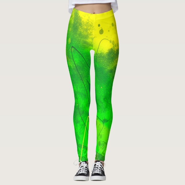 Bright Green And Yellow Grunge Art Leggings (Front)