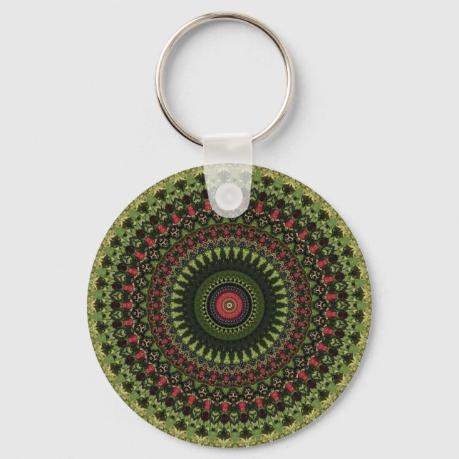 Bright Green Black and Red Mandala Design Bandana Keychain (Front)