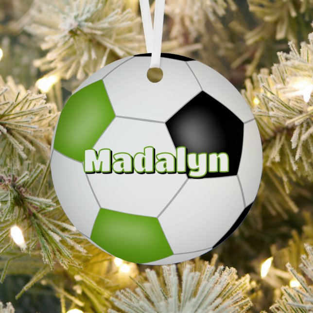 bright green black keepsake soccer athlete metal ornament (Insitu)