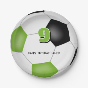 bright green black soccer ball kids birthday party paper plates