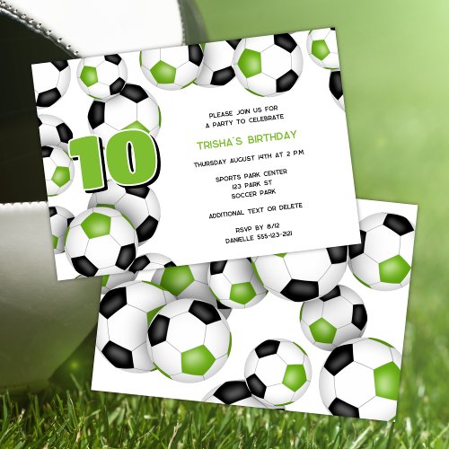 bright green black soccer balls cluster birthday party announcement