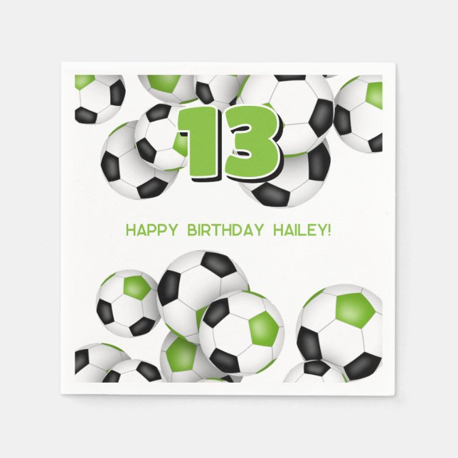 bright green black soccer balls birthday party napkins (Front)