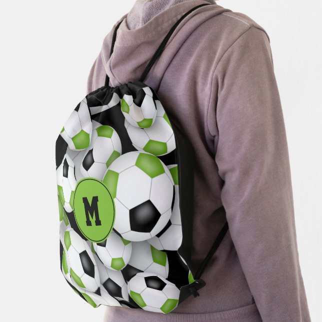 bright green black soccer balls pattern  drawstring bag (Insitu)