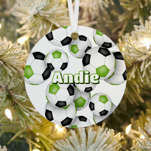 bright green black soccer balls sports keepsake metal ornament