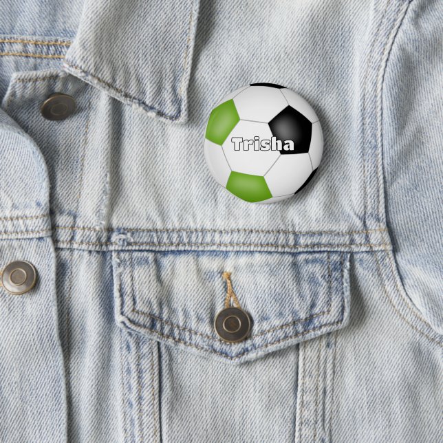 bright green black soccer themed custom name button (In Situ)