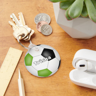 bright green black soccer themed custom name keychain
