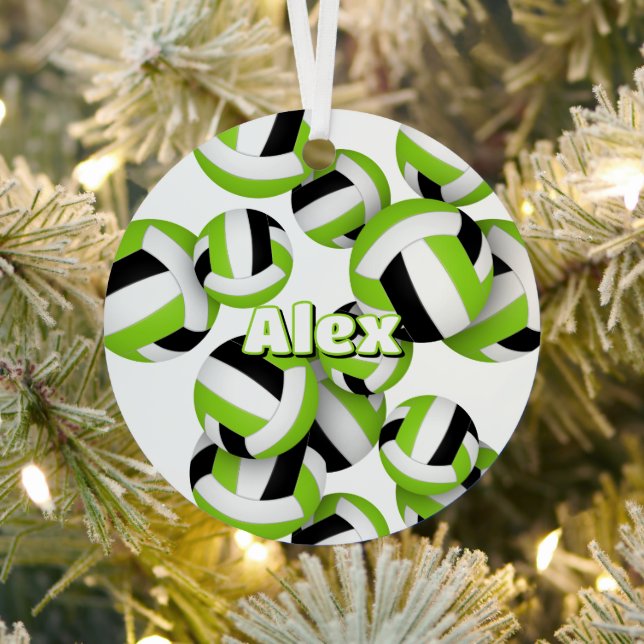 bright green black volleyballs athlete name metal ornament (Insitu)