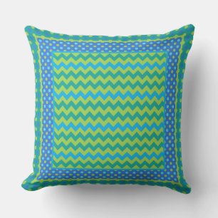 Bright Green, Blue Chevrons, Polka Dots Throw Pillow