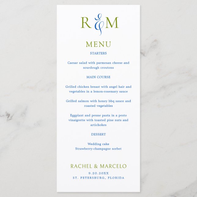 Bright Green Blue Simple Monogram Wedding Menu (Front)