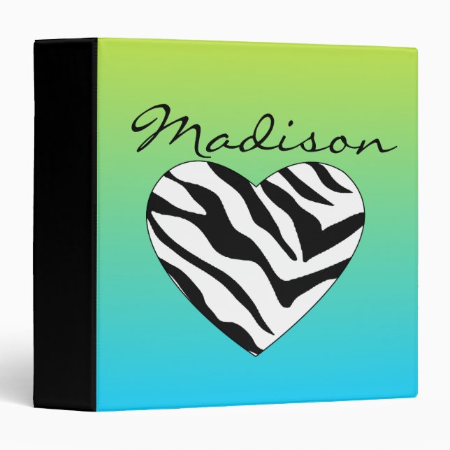 Bright Green & Blue Zebra Heart 3 Ring Binder (Front/Spine)