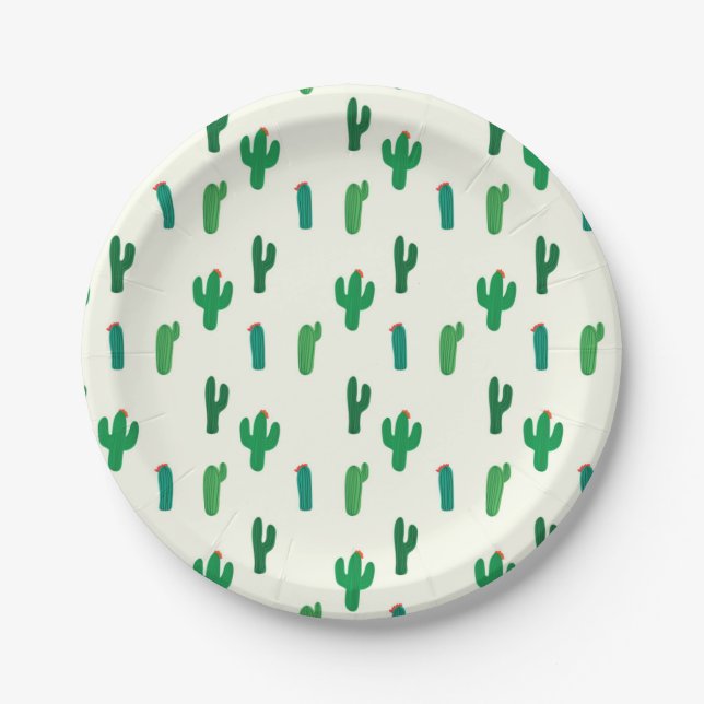 Bright Green Cactus Pattern Paper Plates (Front)