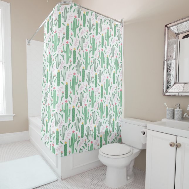 Bright Green Cactus Succulent Blossoms Pattern Shower Curtain (In Situ)