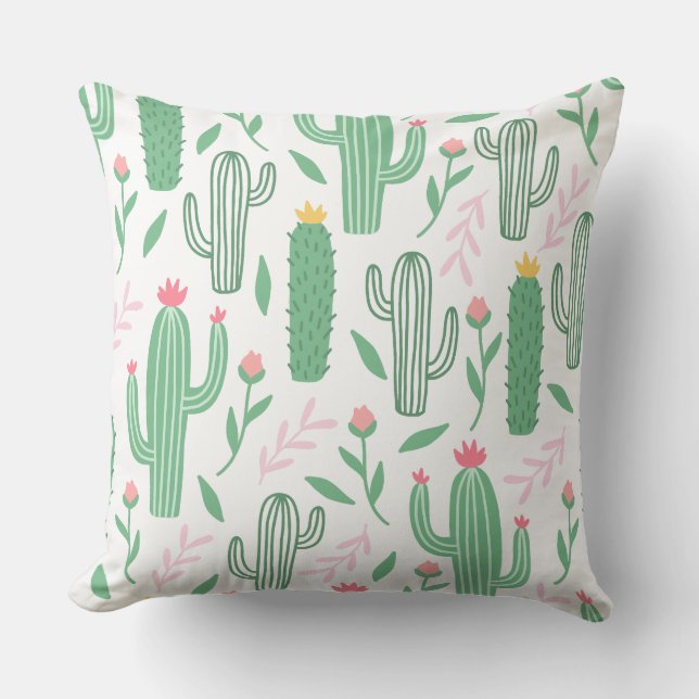 Bright Green Cactus Succulent Blossoms Pattern Throw Pillow (Front)