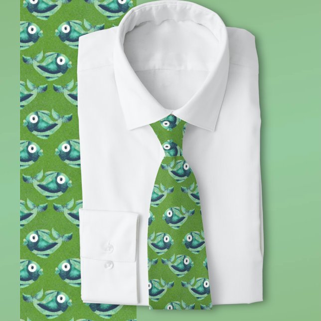 Bright Green Cartoon Fish Pattern  Neck Tie (Whimsical green tie with wide-eyed cartoon fish pattern for fun, aquatic flair.)