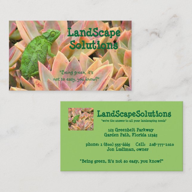 BRIGHT GREEN CHAMELEON AMONG PLANTS (PHOTOG) BUSINESS CARD (Front/Back)