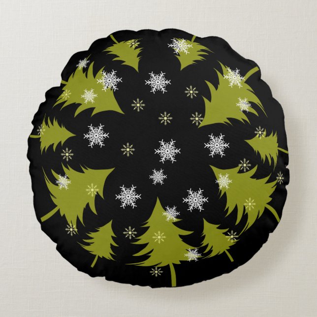 Bright Green Christmas Trees on Black Background Round Pillow (Front)
