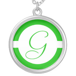 Bright Green Circle Monogram Silver Plated Necklace