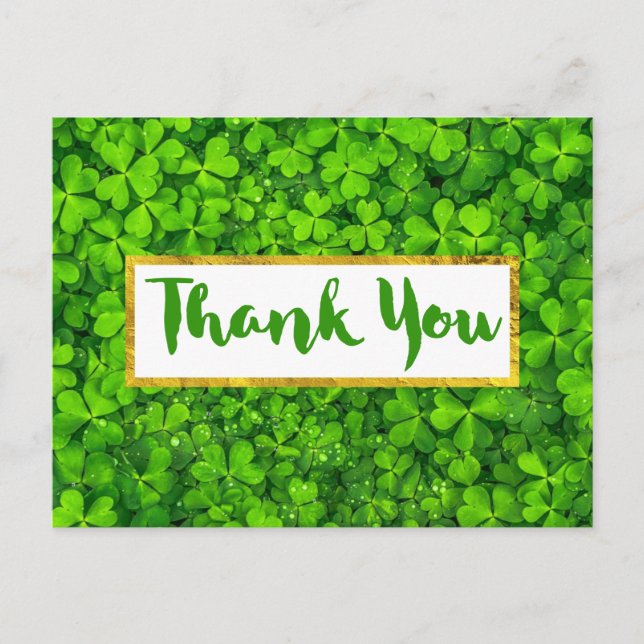 Bright Green Clover Leaves Background Thank You Postcard (Front)
