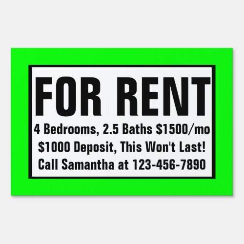 Bright Green Custom Printed For Rent Sign