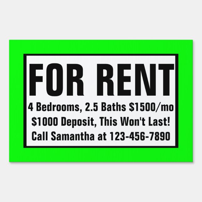 Bright Green Custom Printed For Rent Sign (Front)