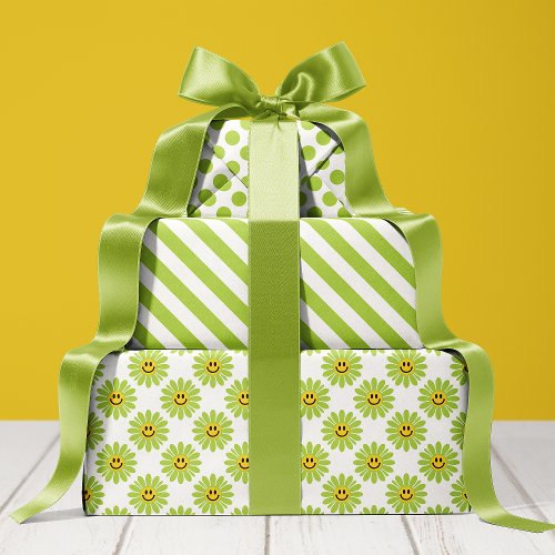 Bright Green Daisy Floral Stripes Polka Dot Wrapping Paper Sheets